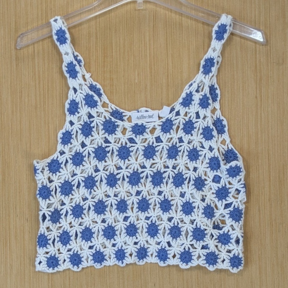 Willow + Root Boho Indie Peasant Floral Crochet Crop Top Tank XS Blue Concert